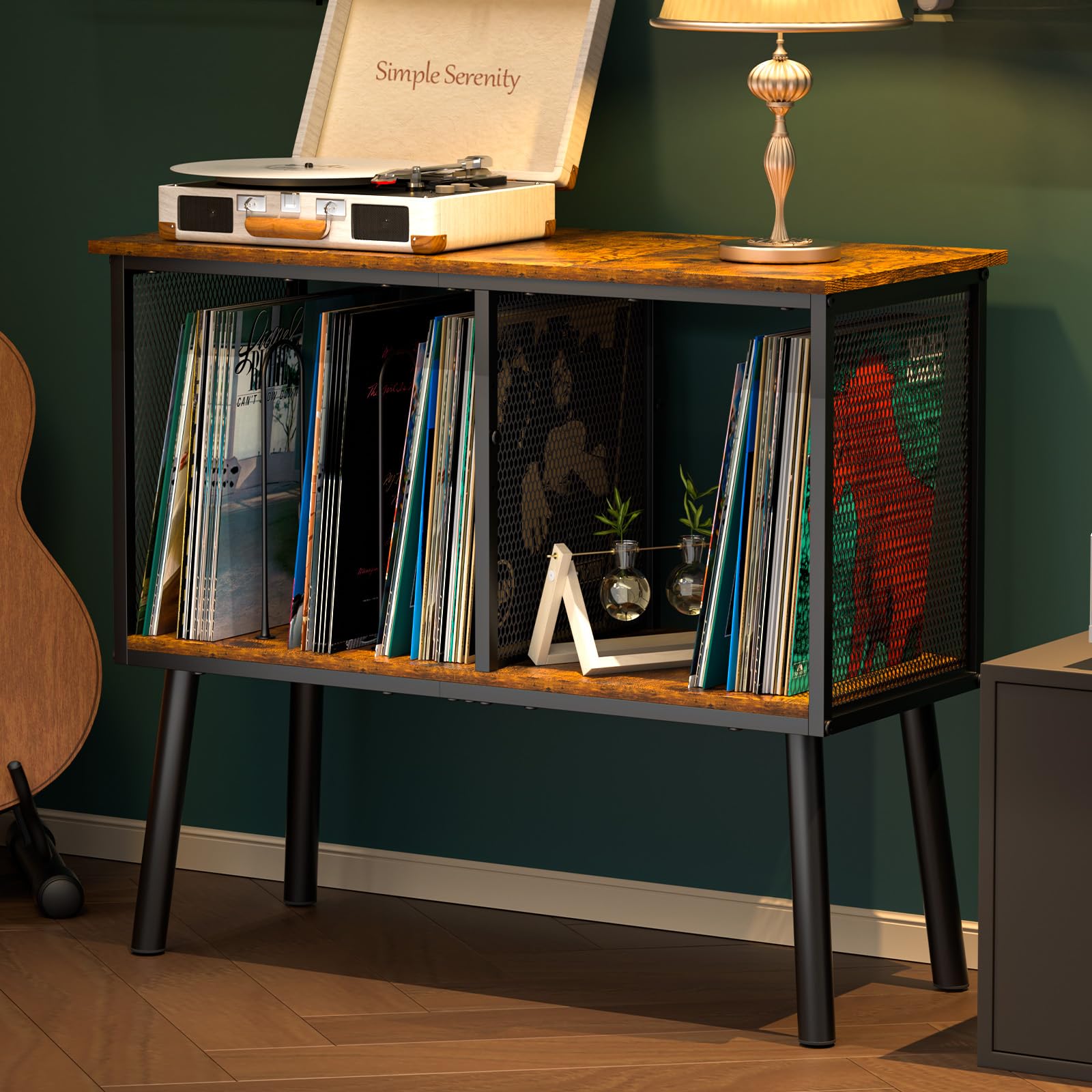 Simple Serenity record-player-stand side view highlights space-saving living room setup