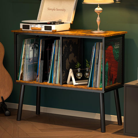 Simple Serenity record-player-stand side view highlights space-saving living room setup