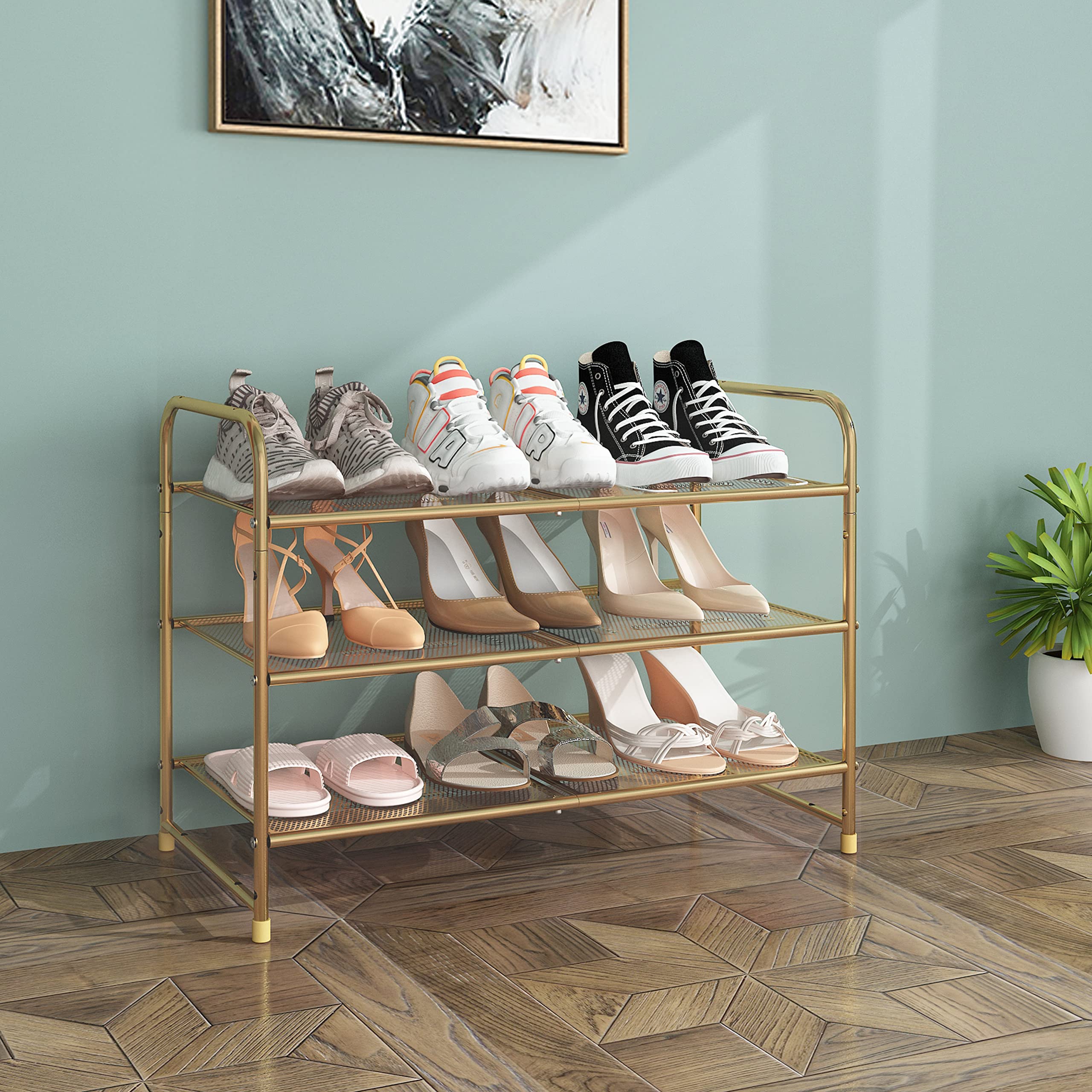 Simple Trending 3-Tier shoe rack front view for easy closet organization.