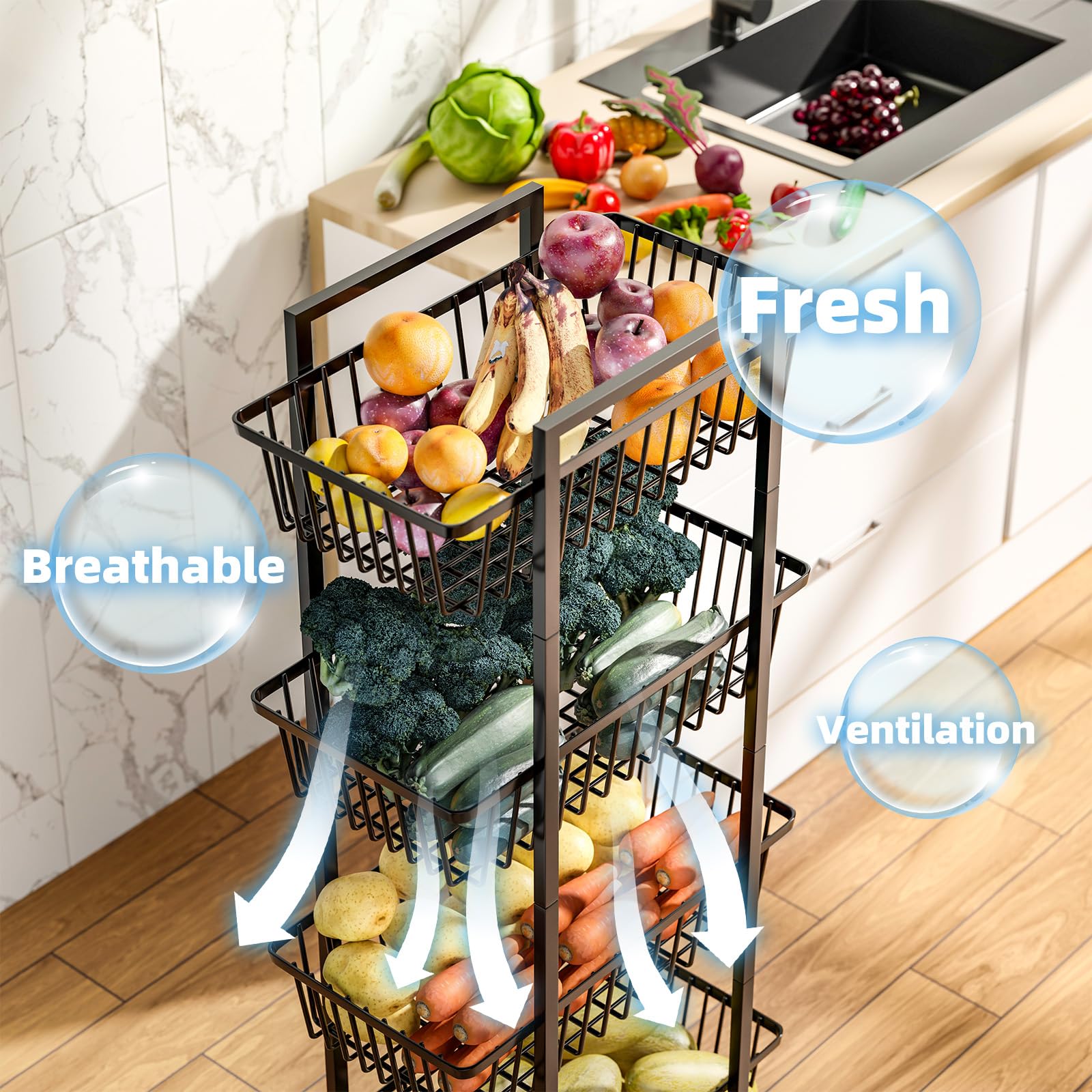 Simple Trending rolling cart with open baskets for easy access to produce.