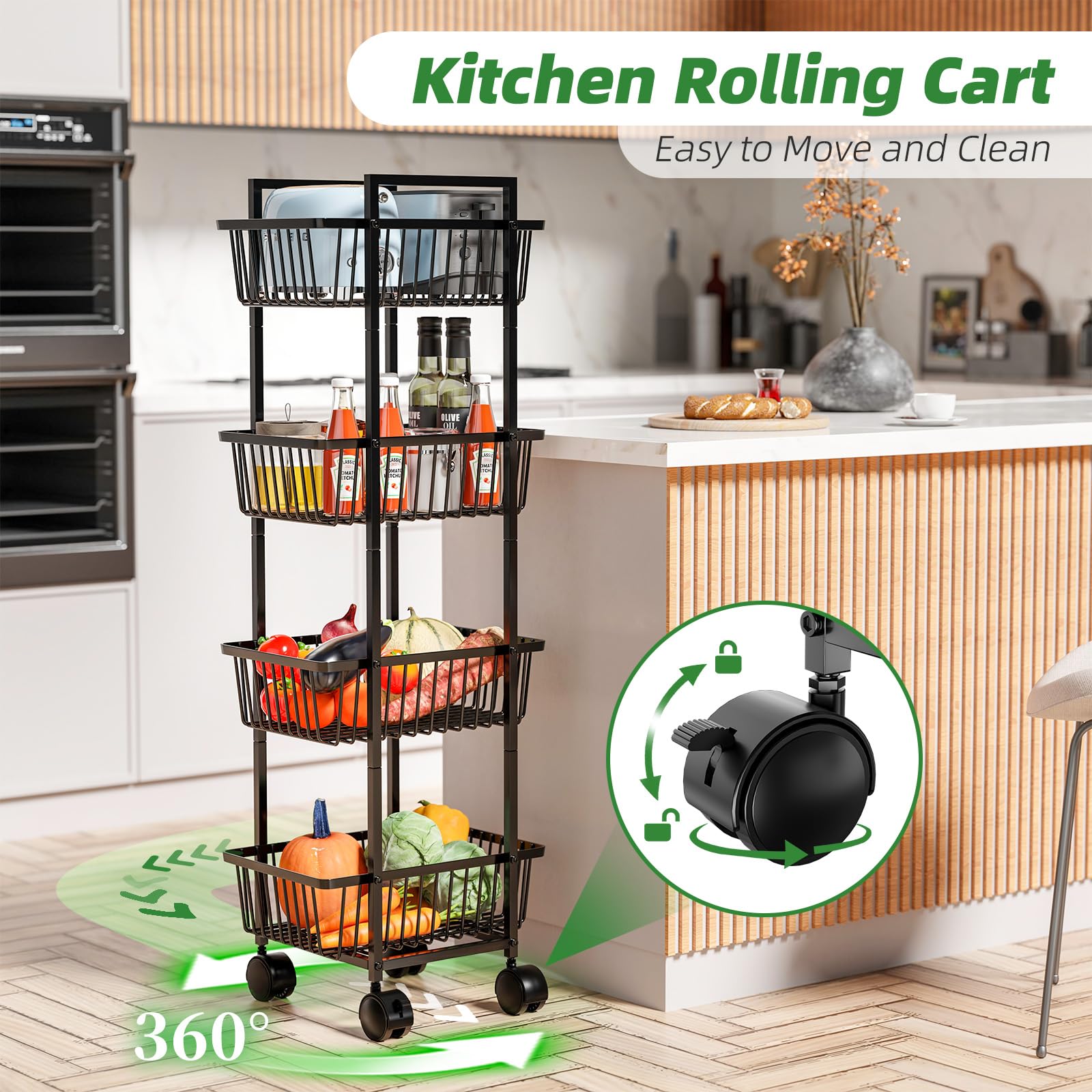 Simple Trending black 4-tier kitchen cart designed for versatile storage.