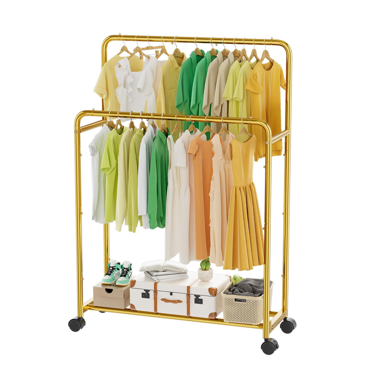 Simple Trending clothing rack with double rods and wheels for versatile hanging in small spaces.