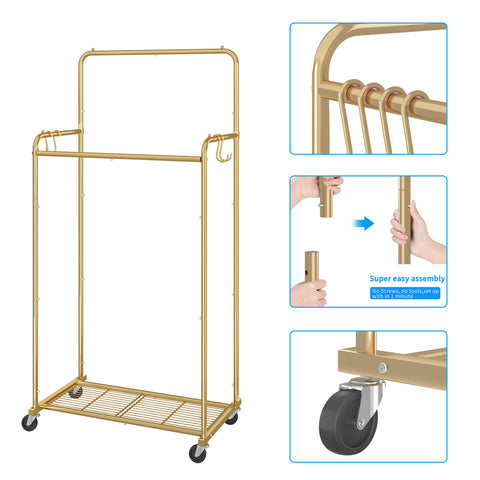 Simple Trending double rod rack gold grid bottom shelf ideal for shoes, boxes, and extra storage.