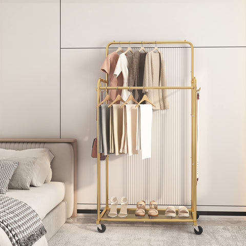 Simple Trending double rod rack gold side view highlights mobile wheels for effortless movement.