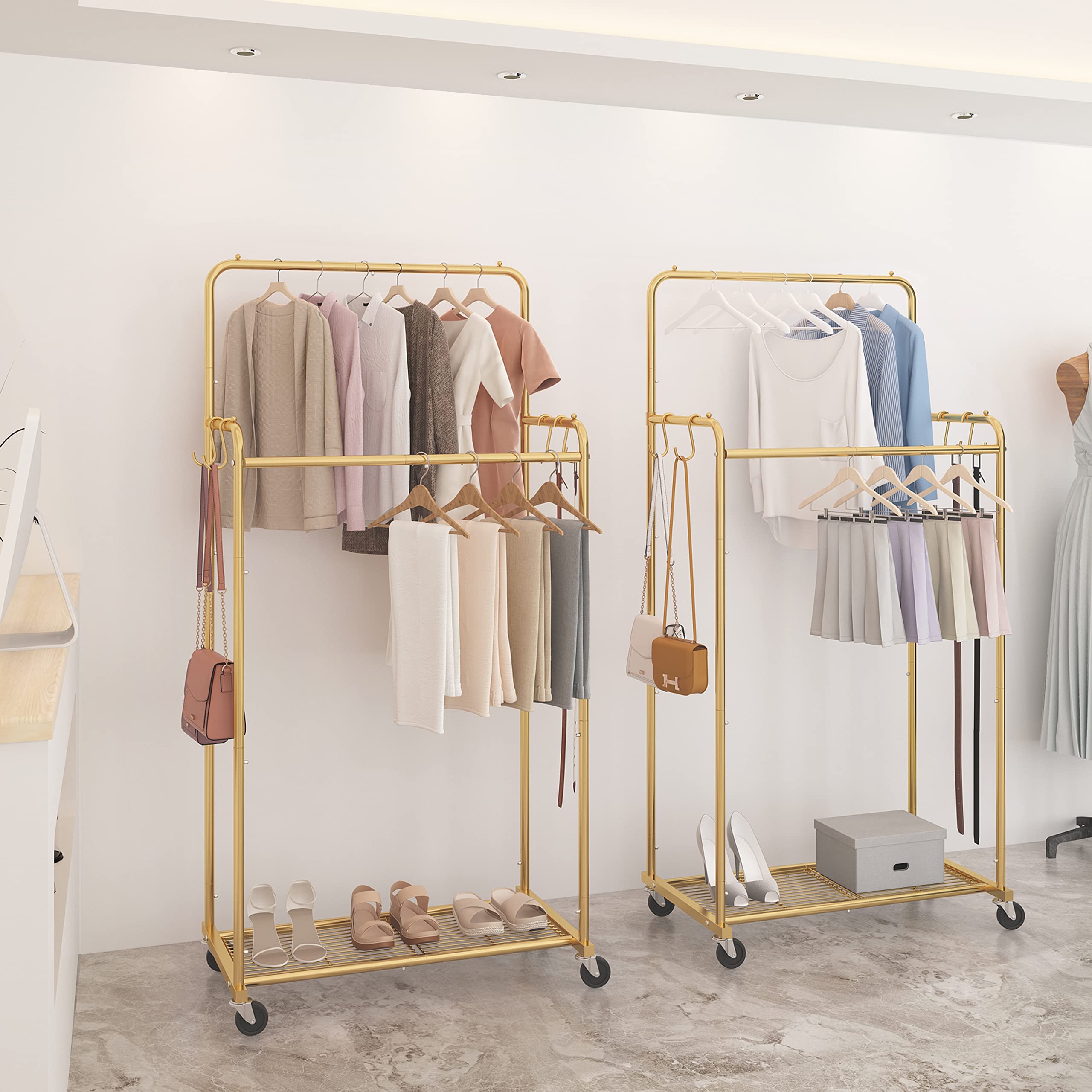 Simple Trending double rod rack gold top rail stoppers prevent clothing from slipping.