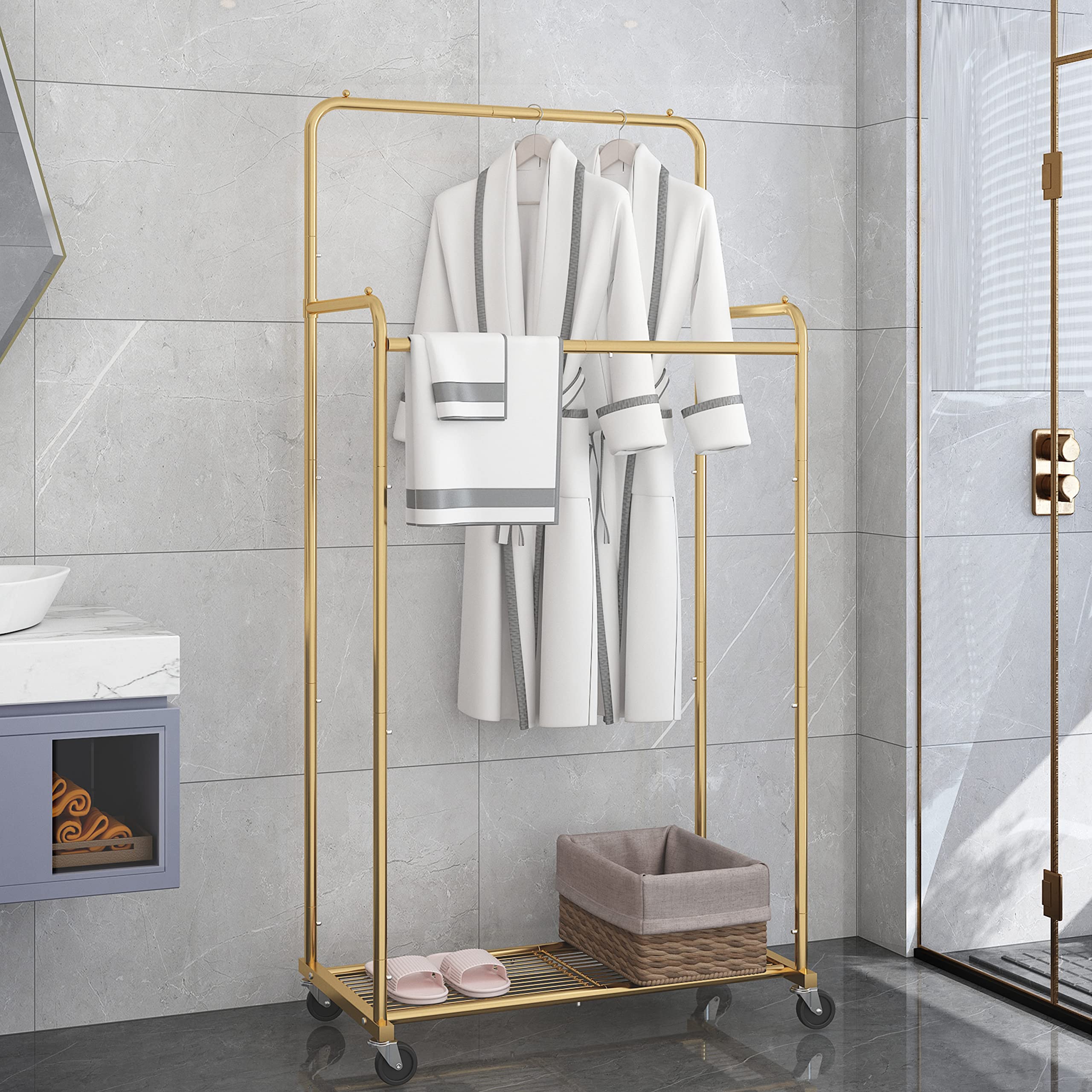 Simple Trending double rod rack gold four wheels design offers smooth relocation.