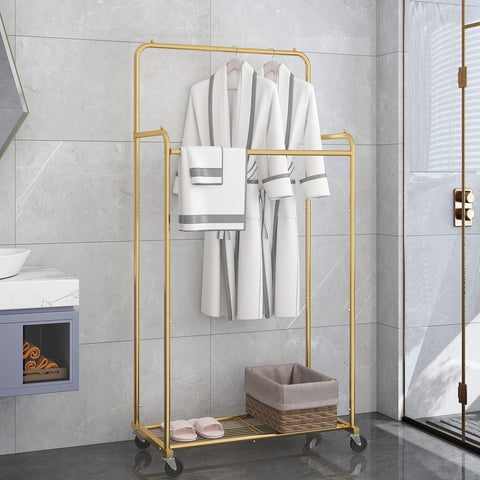 Simple Trending double rod rack gold four wheels design offers smooth relocation.