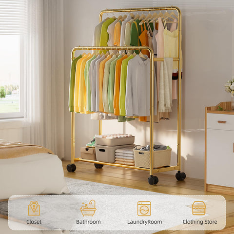 Simple Trending gold finish garment rack offers stylish storage with smooth mobility.