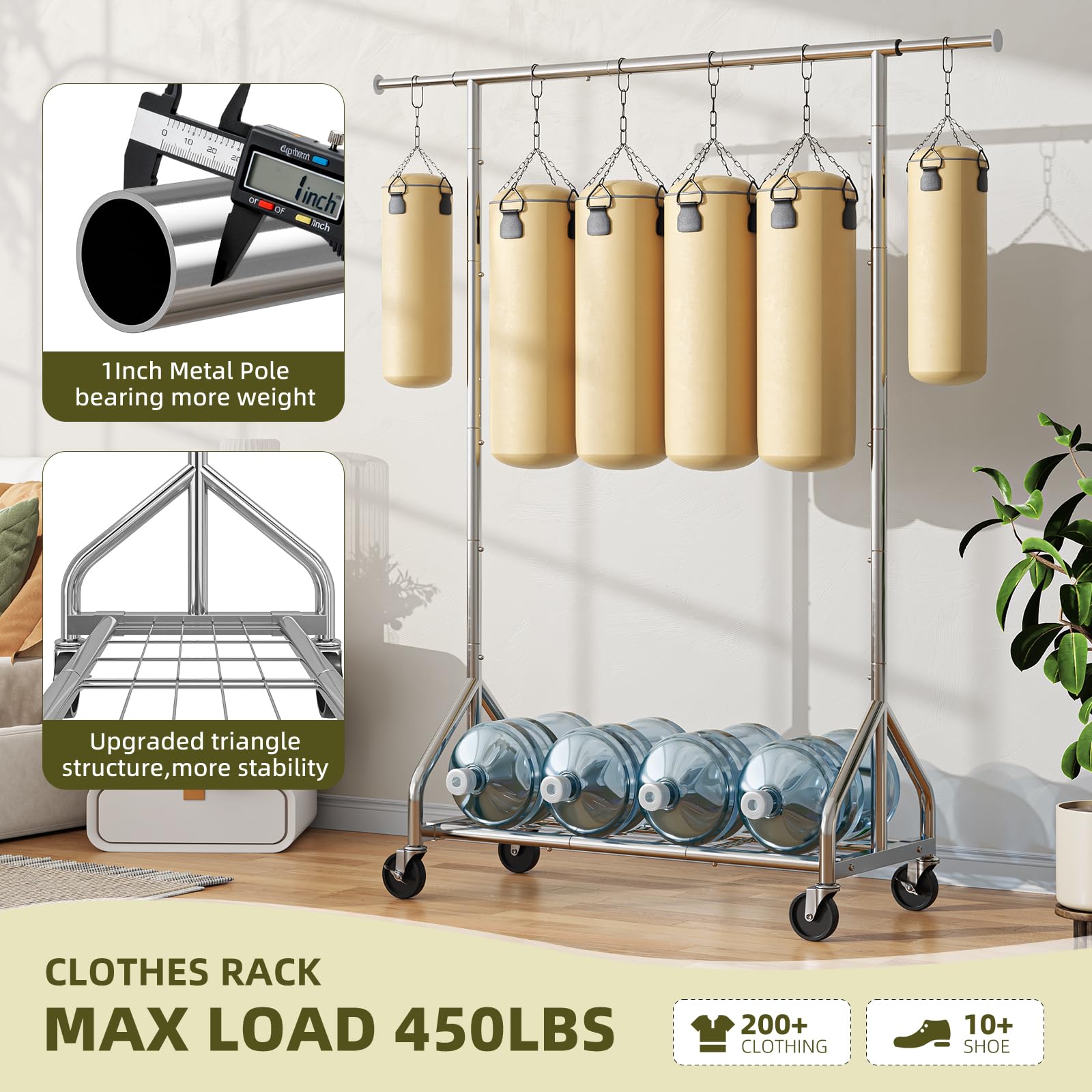 Simple Trending heavy duty clothes rack bottom shelf displaying shoes and storage boxes.