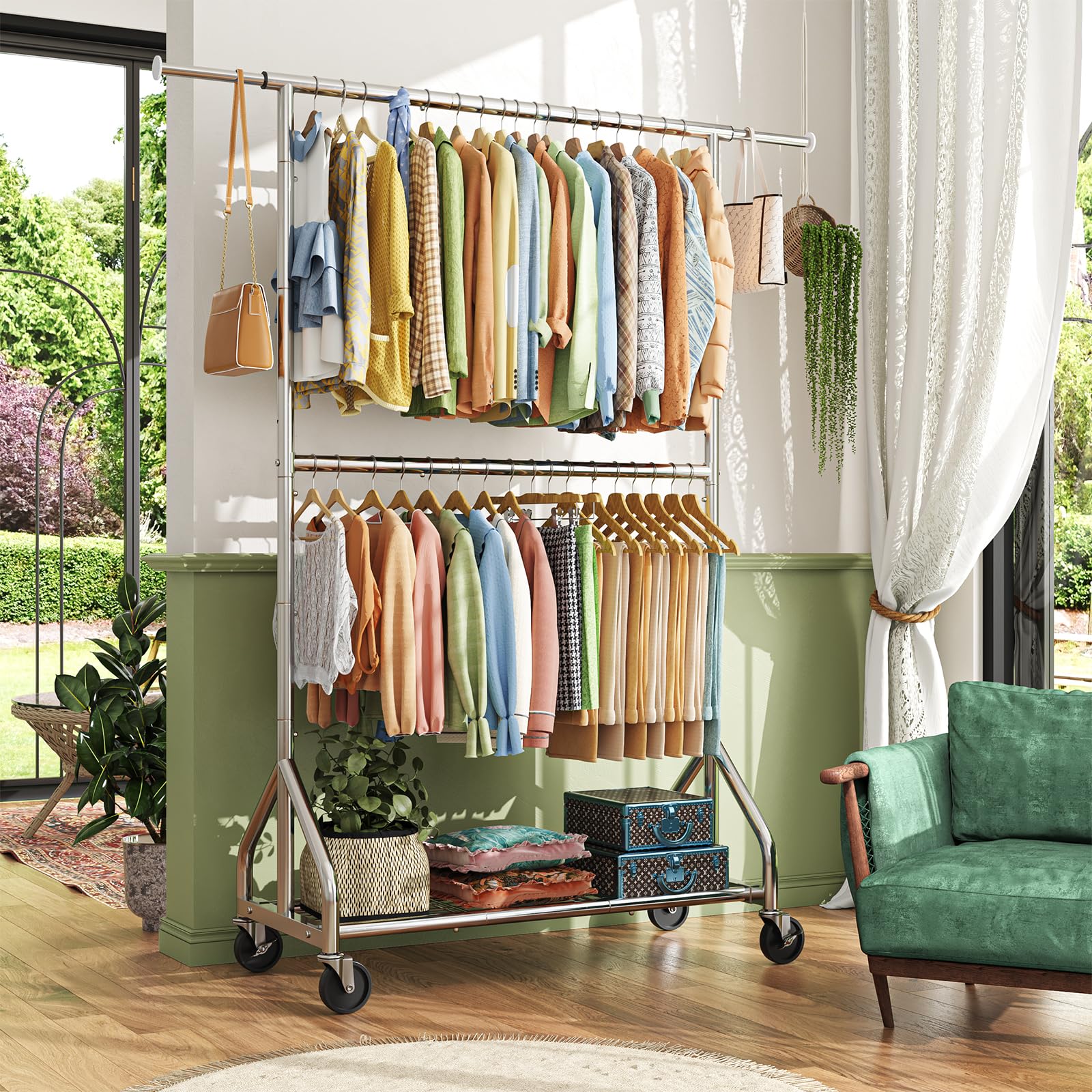 Simple Trending heavy duty clothes rack side view showing adjustable crossbar for flexible storage.