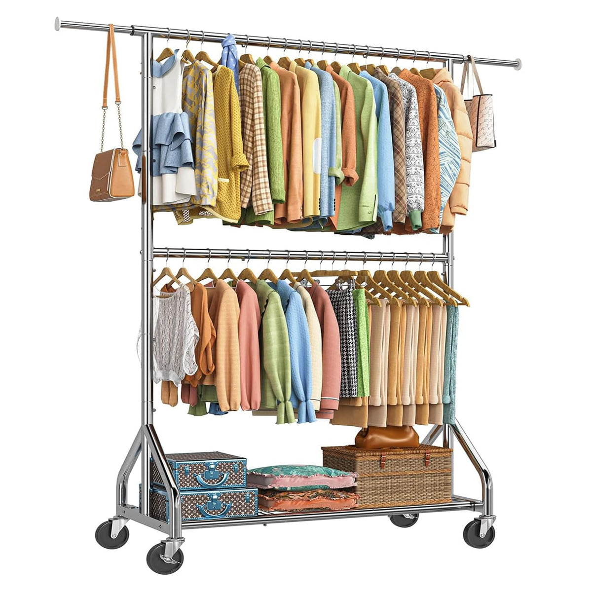 Simple Trending heavy duty clothes rack front view with dual-rod design for organized hanging.
