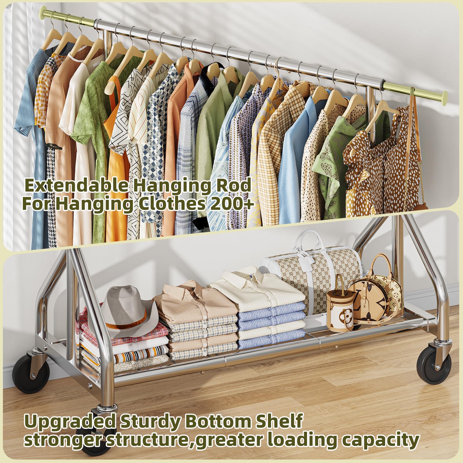 Simple Trending heavy duty clothes rack with locking wheels ensures secure positioning.