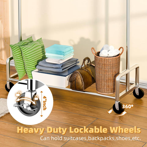 Simple Trending rack wheels detail highlights smooth, lockable 360-degree movement.