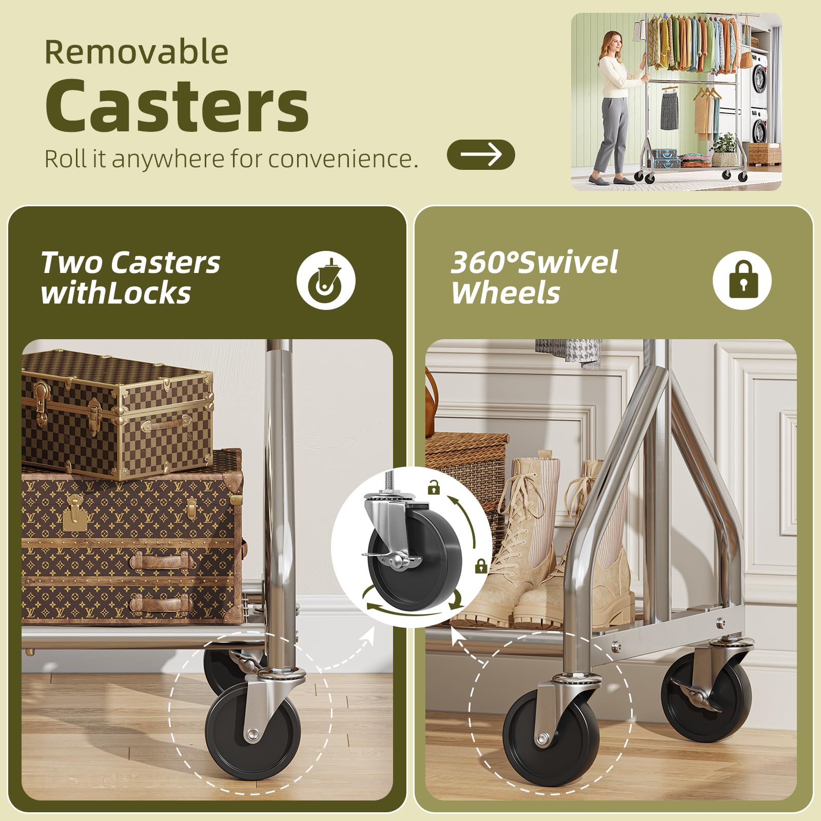 Simple Trending heavy duty clothes rack with 360° wheels enabling easy movement.