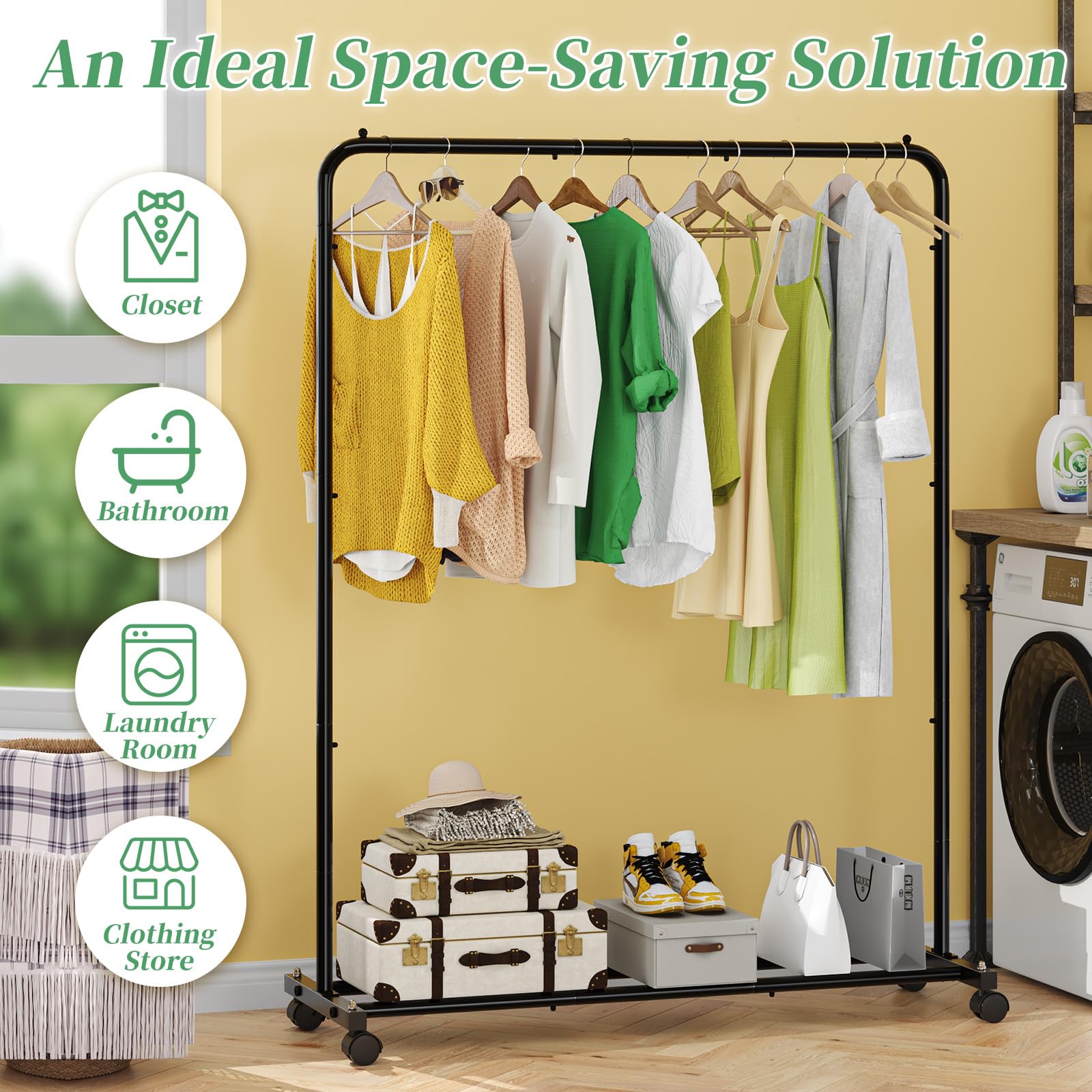 Metal clothes rack on wheels by Simple Trending for easy rearrangement.