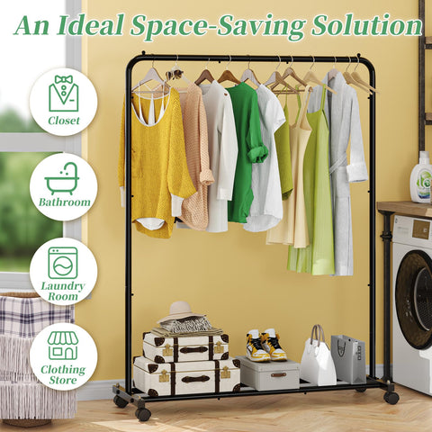 Metal clothes rack on wheels by Simple Trending for easy rearrangement.