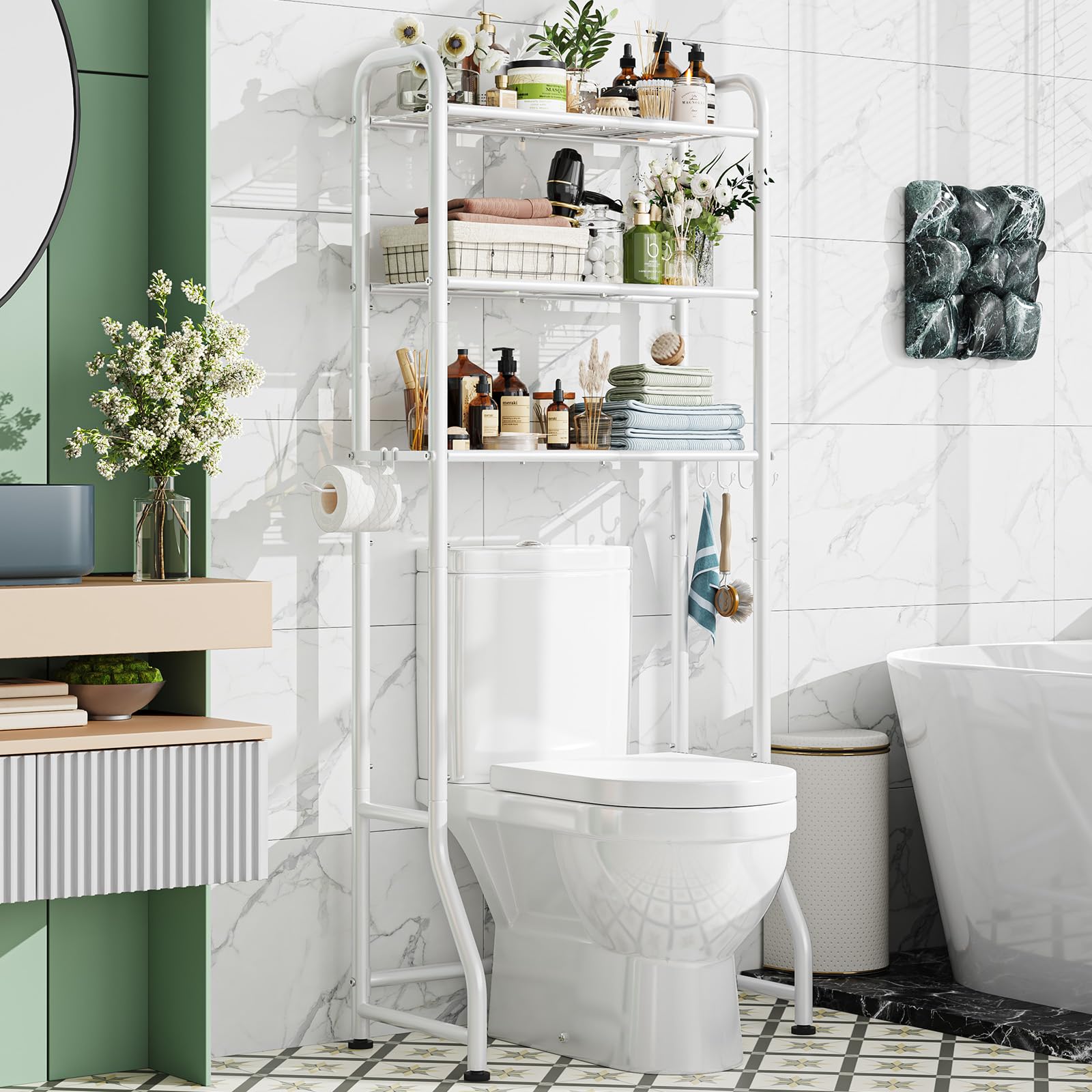 Simple Trending over-the-toilet rack in white with 3-tier design for compact bathroom storage.
