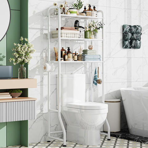 Simple Trending over-the-toilet rack in white with 3-tier design for compact bathroom storage.