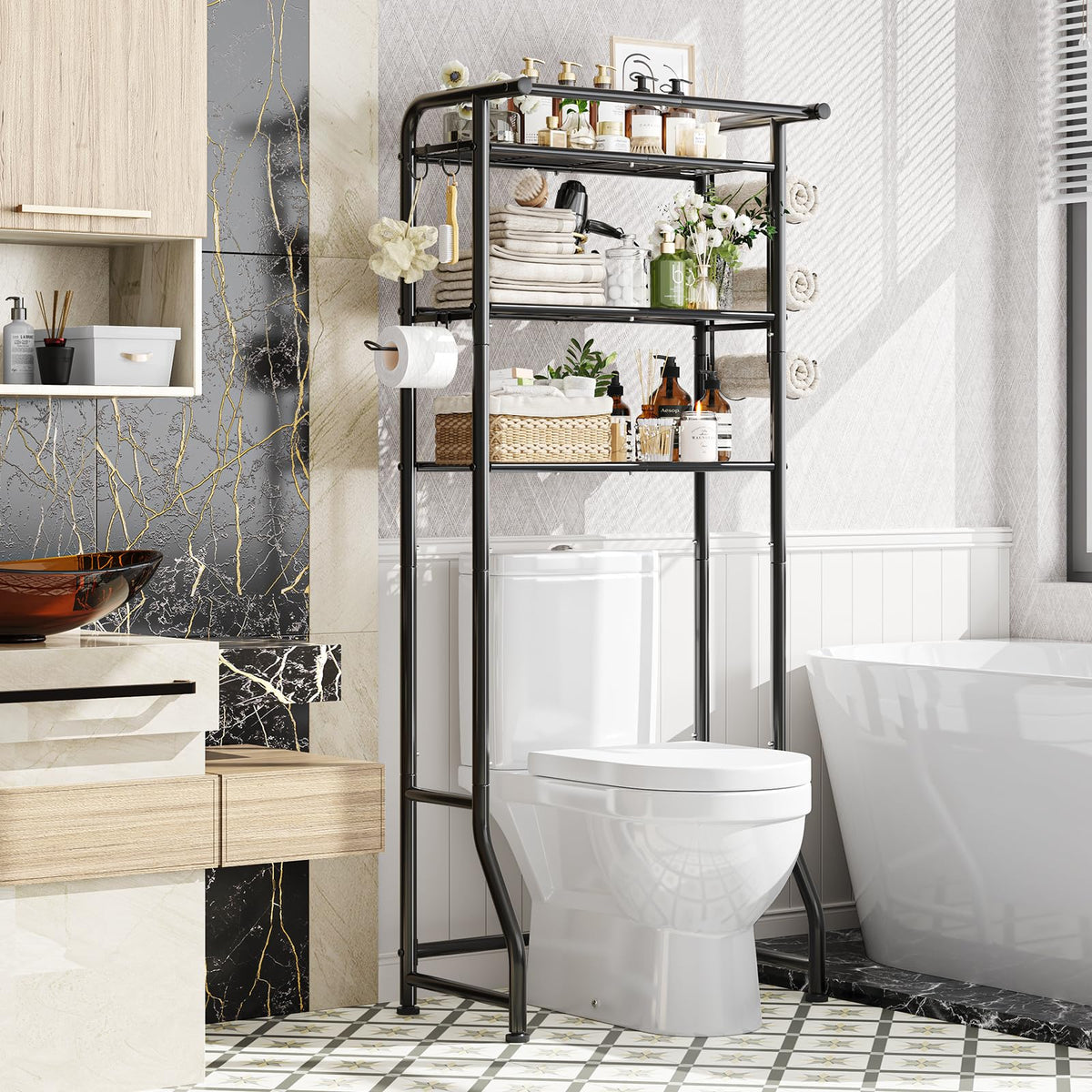 Simple Trending over-the-toilet cabinet left view shows space-saving metal design for towels.