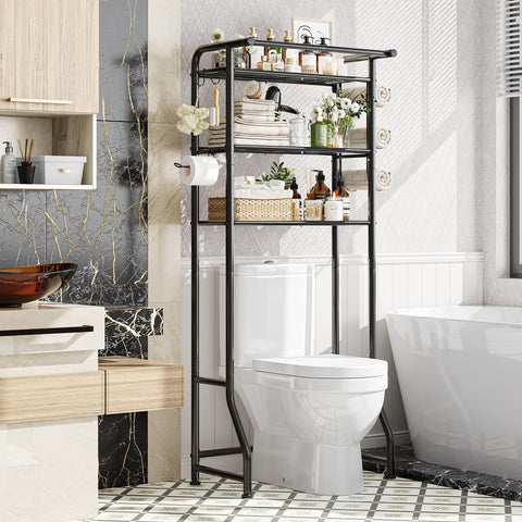 Simple Trending over-the-toilet cabinet left view shows space-saving metal design for towels.