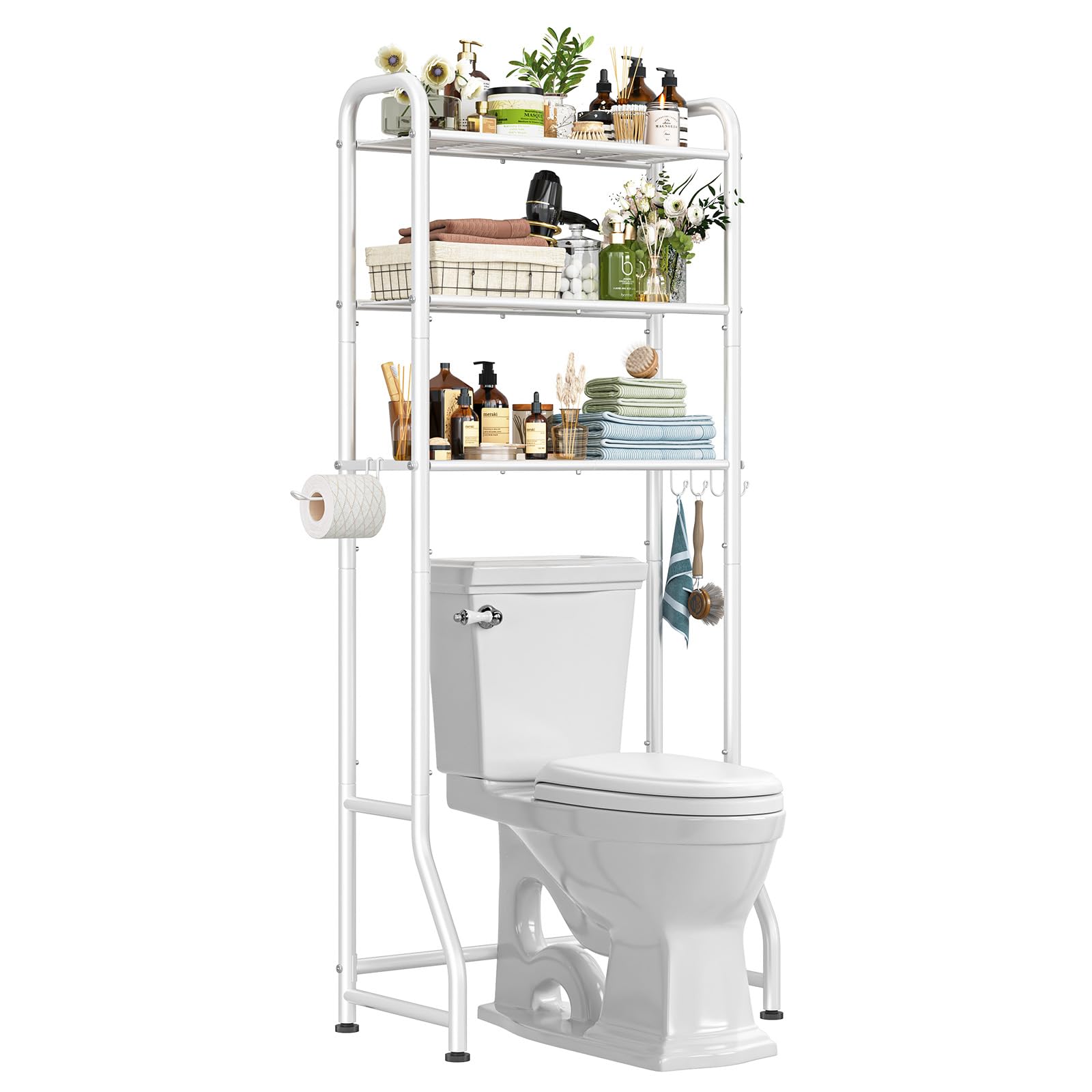 Simple Trending bathroom rack shows paper holder and removable hooks for organization.