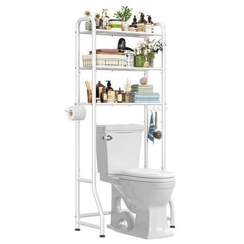 Simple Trending bathroom rack shows paper holder and removable hooks for organization.