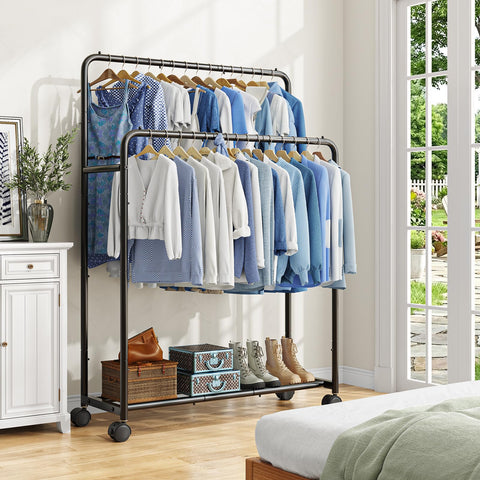 Simple Trending rolling garment rack with bottom shelf for extra storage.