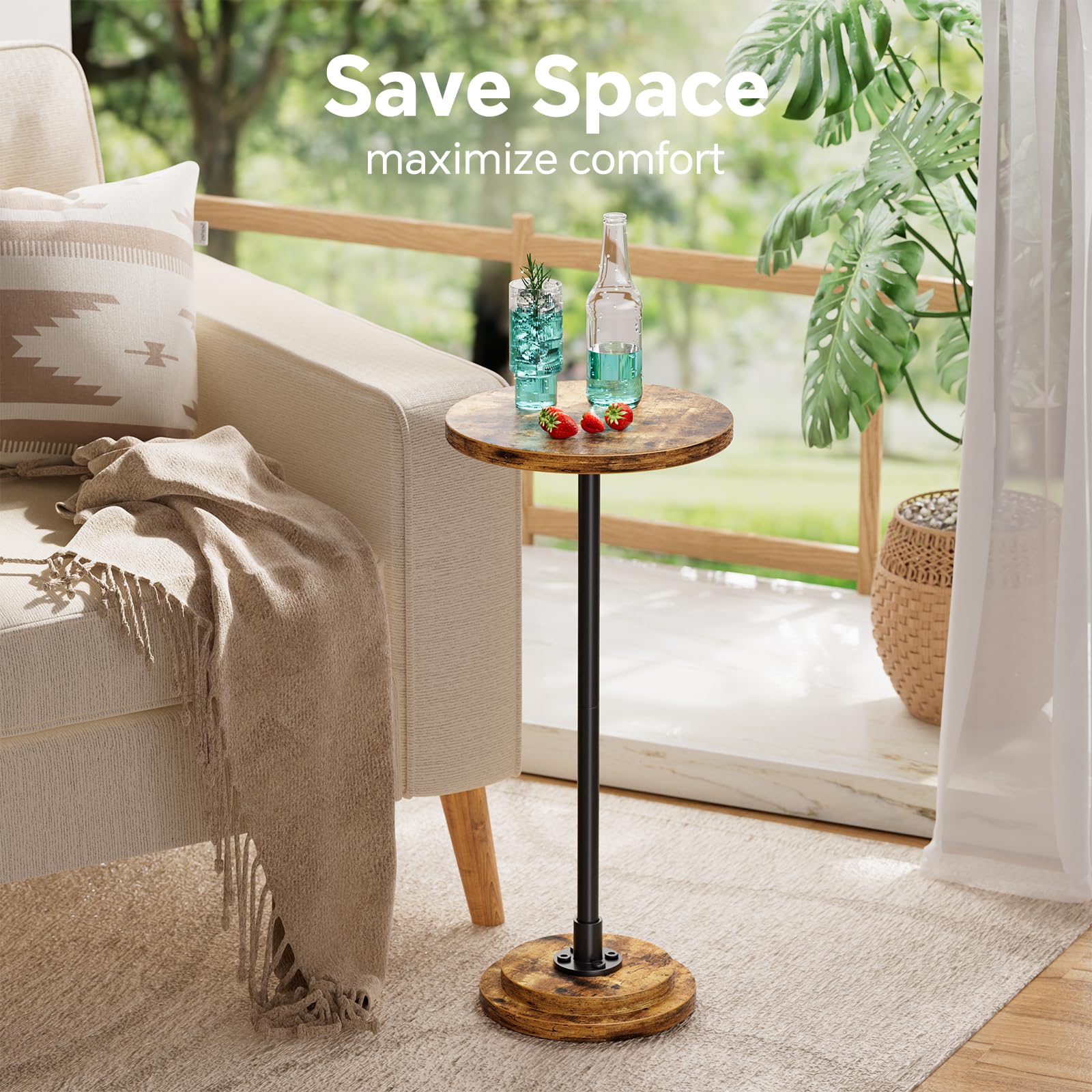 Simple Trending round drink table in a living room setup beside the sofa.