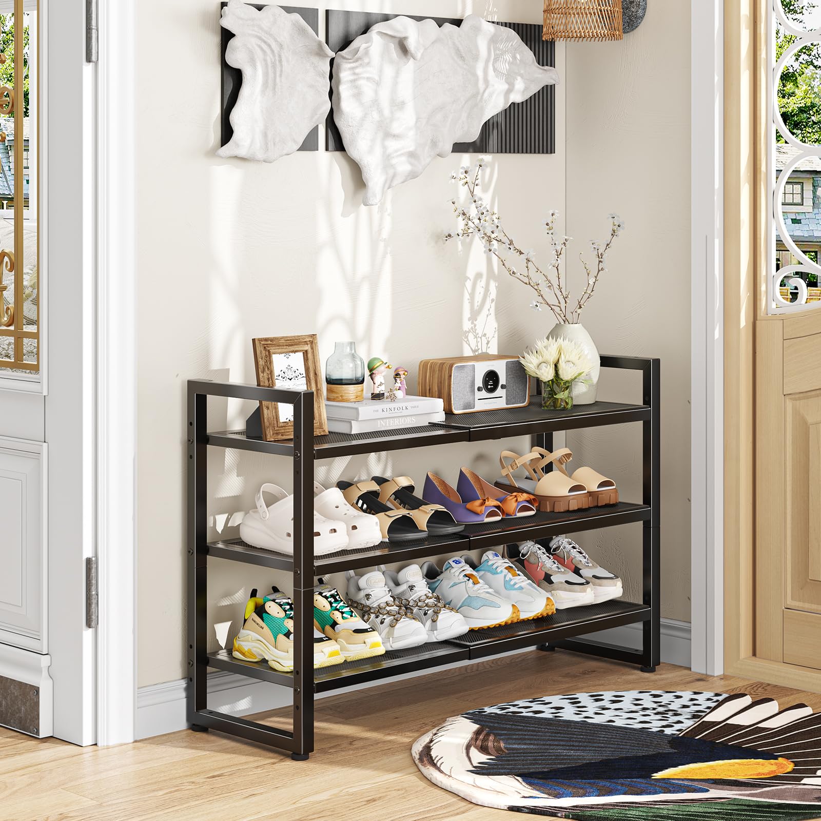Simple Trending 3-tier stacked shoe rack demonstrates scalable storage in tight spaces.