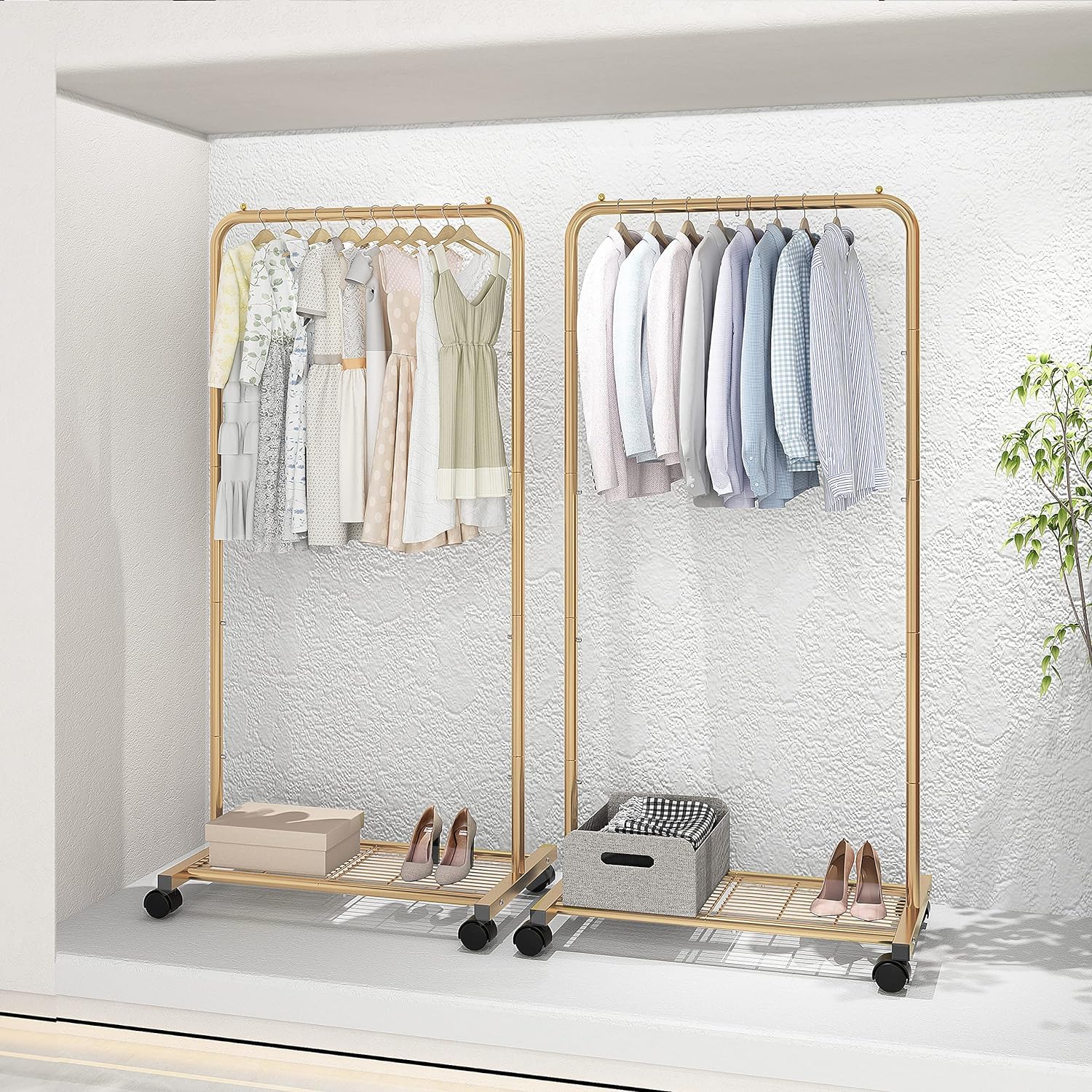Simple Trending standard clothes rack dimensions 28.5W x 59H in gold finish.