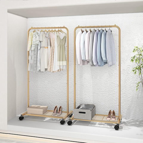 Simple Trending standard clothes rack dimensions 28.5W x 59H in gold finish.