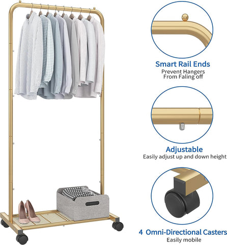 Simple Trending standard clothes rack gold with 360-degree wheels for easy movement.