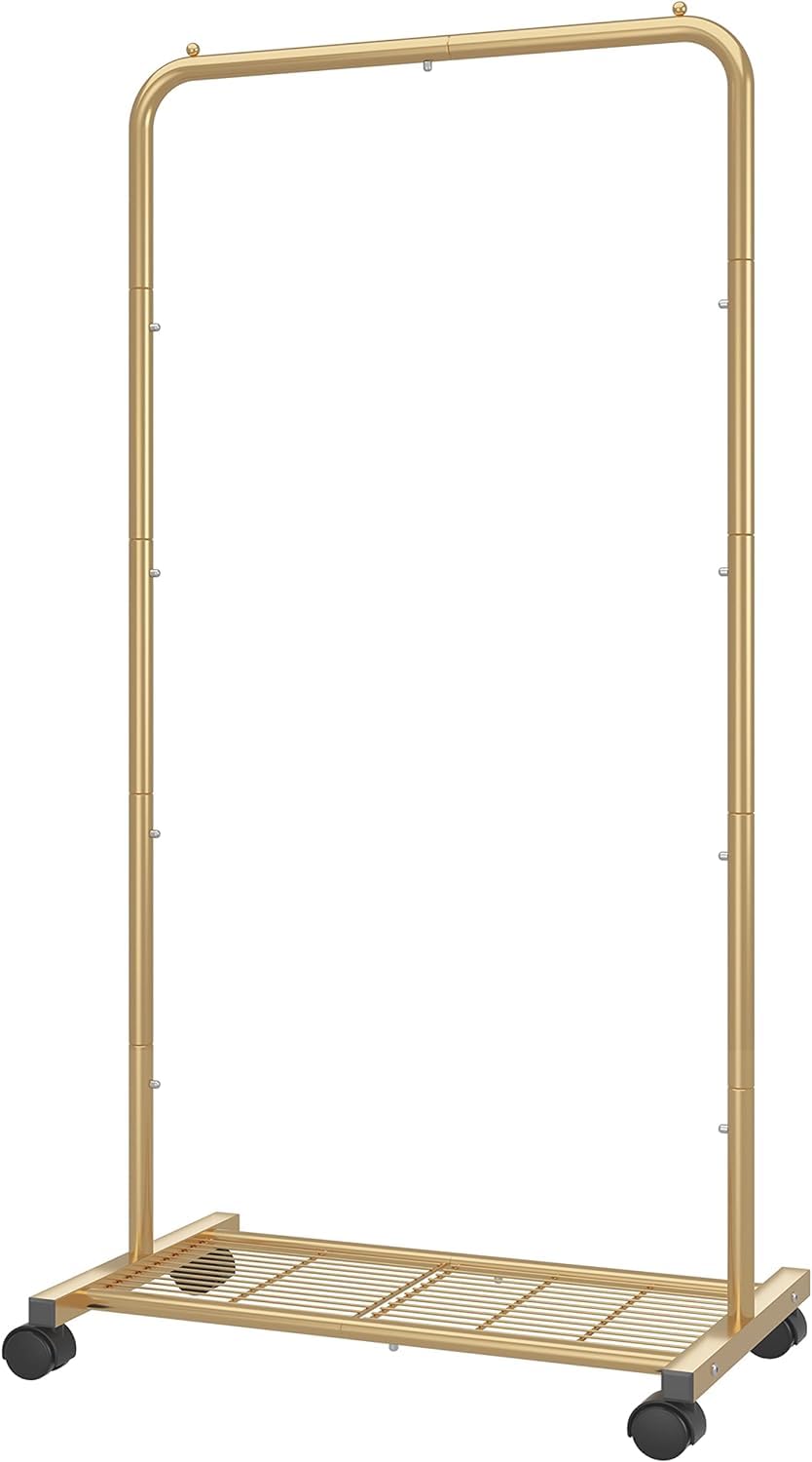Simple Trending standard clothes rack in gold, front view showing spacious hanging area.