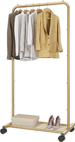 Simple Trending standard clothes rack in gold, side view highlighting sturdy frame and mobility.