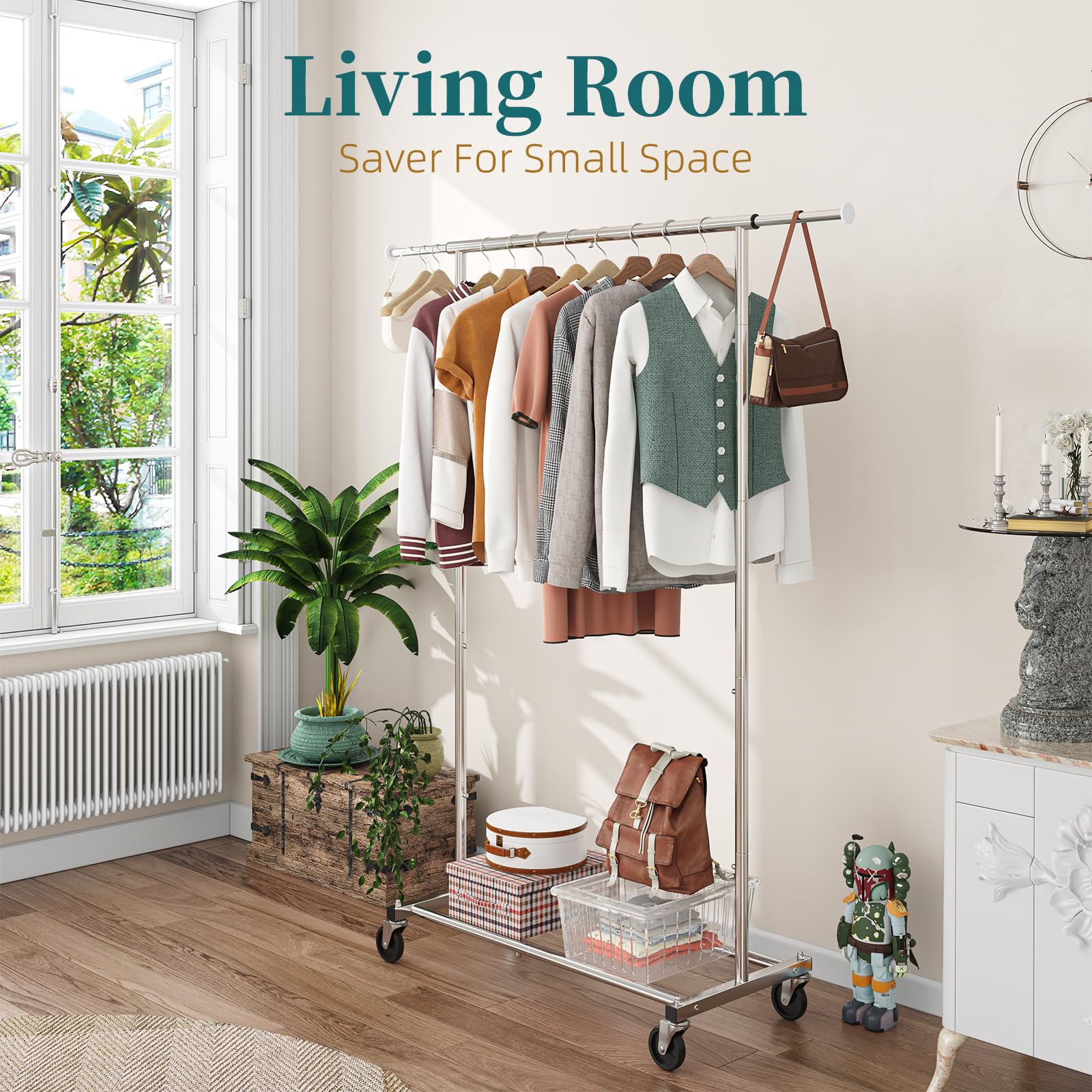 Simple Trending rack on wheels offers easy mobility.