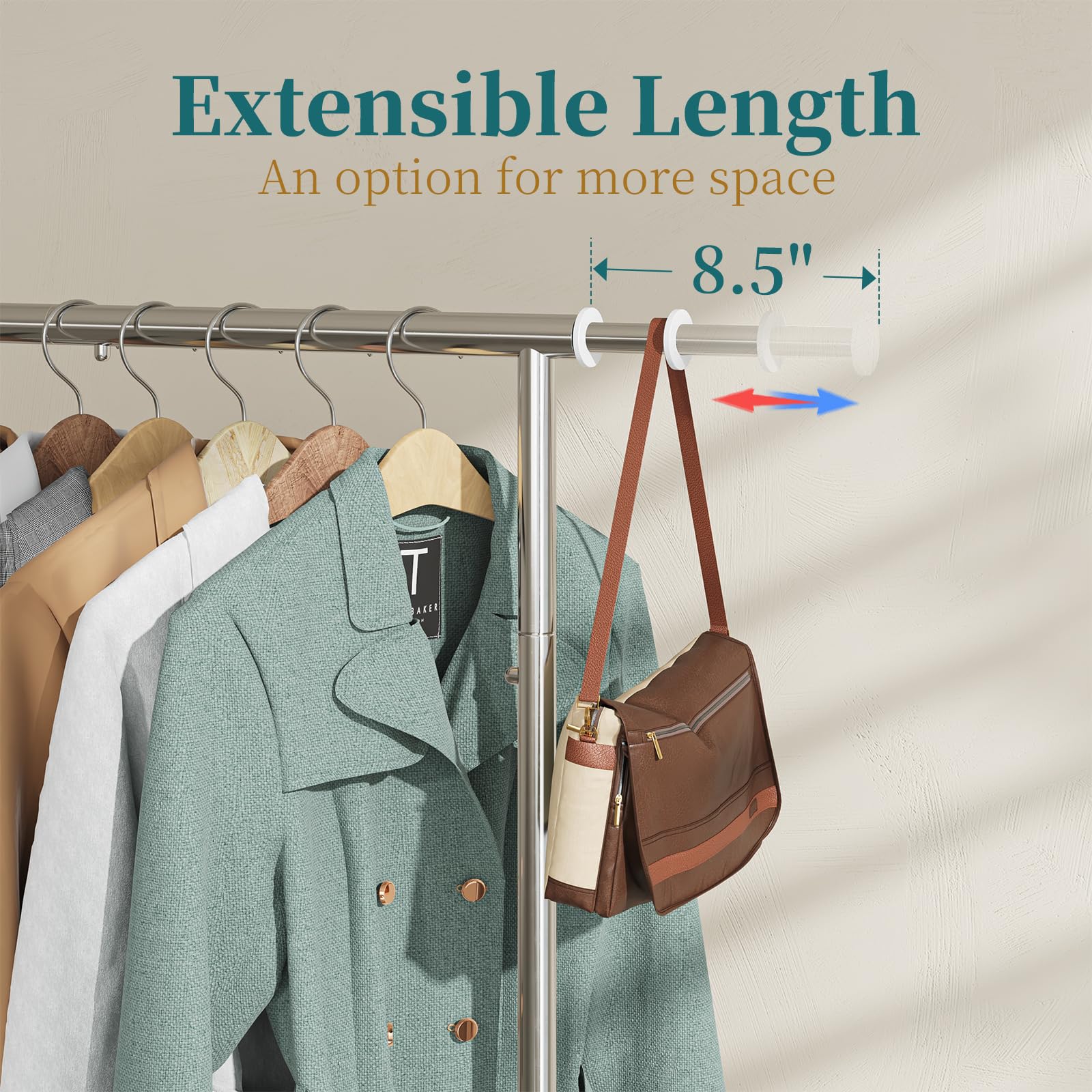 Simple Trending rack top-rail extended shows adjustable hanging capacity.