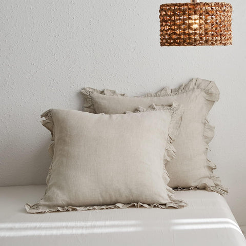 Simple&Opulence linen euro sham cover with ruffle close up shows soft breathable weave