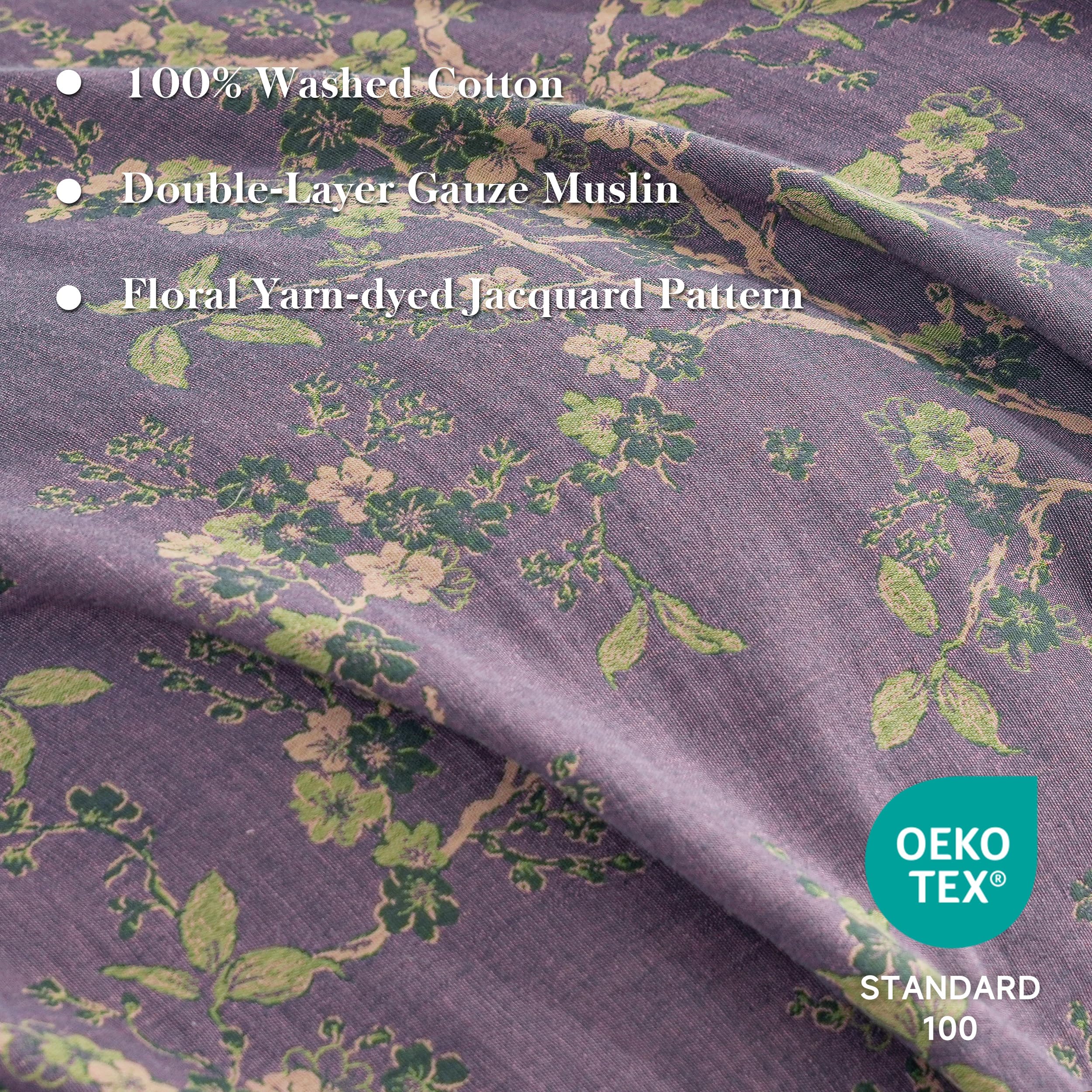 Close-up of the vintage purple floral jacquard pattern and color depth by Simple&Opulence.