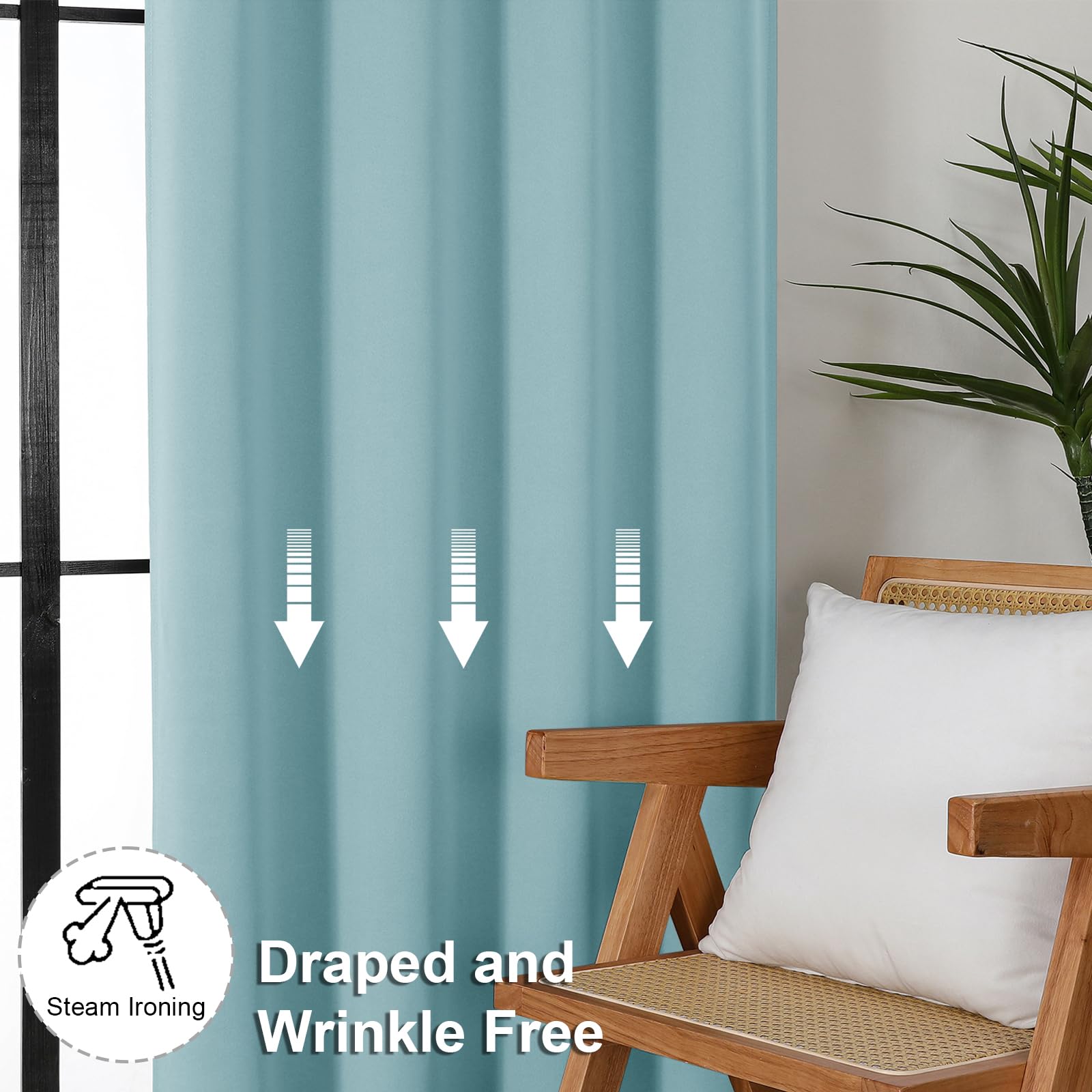 63-inch length fits standard windows with generous coverage and a calm aqua tone.