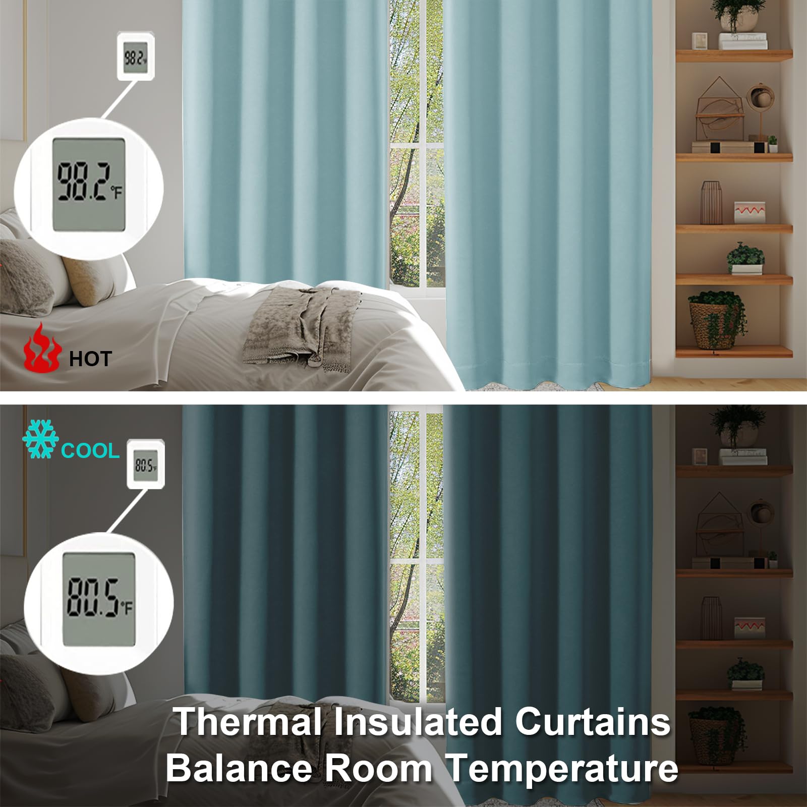 Machine-washable Ava Aqua curtains offer easy care and color retention.