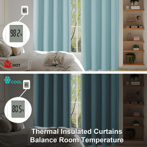 Machine-washable Ava Aqua curtains offer easy care and color retention.