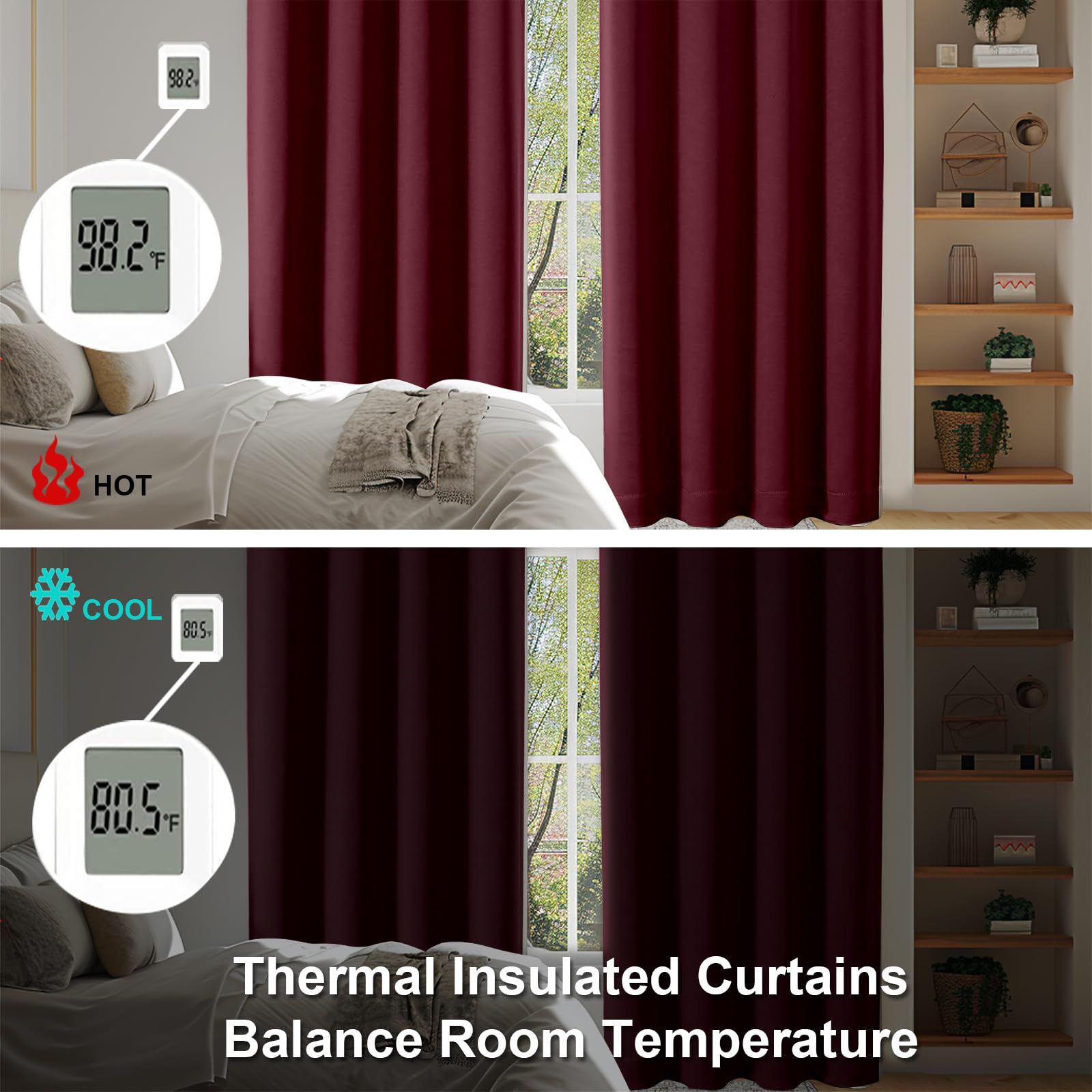 Simplebrand Ava Burgundy blackout curtains show light-blocking contrast in different lighting