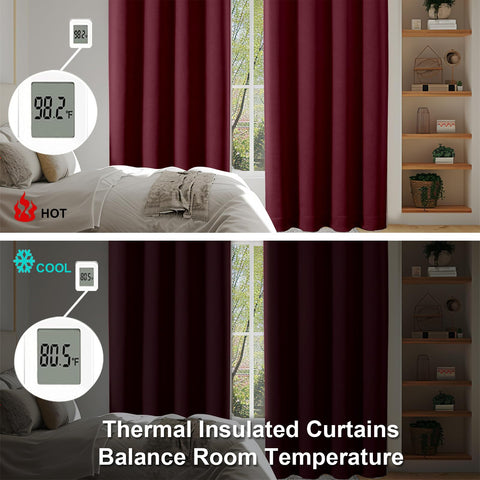 Simplebrand Ava Burgundy blackout curtains show light-blocking contrast in different lighting
