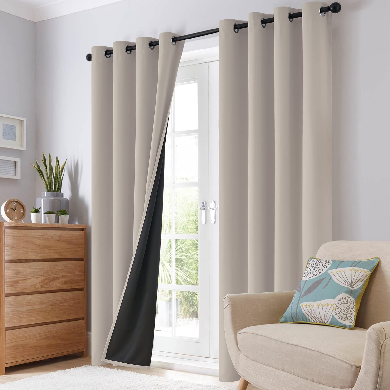 SimpleHome blackout curtains shown in a bedroom and living room setup for versatile decor.