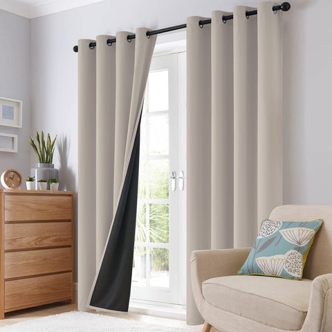 SimpleHome blackout curtains shown in a bedroom and living room setup for versatile decor.