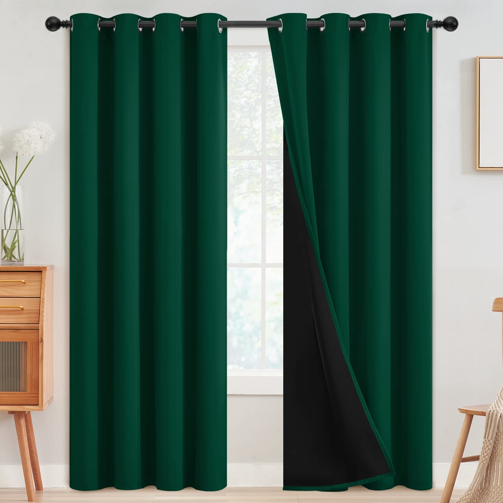 SimpleHome dark green blackout curtains in a bedroom providing privacy and light control