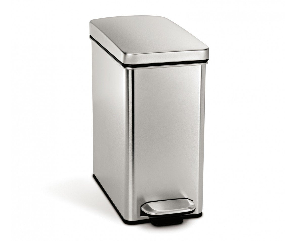 simplehuman 10-liter trash can front view with slim profile for bathroom or under-desk placement