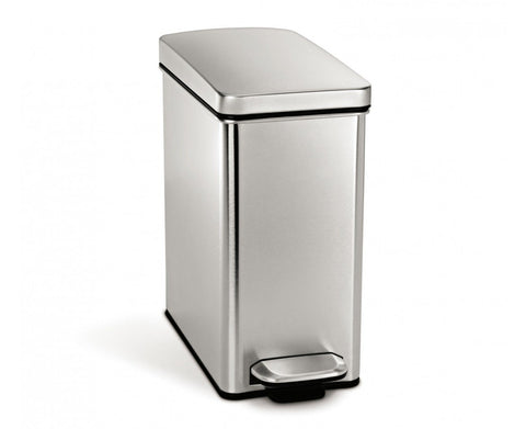 simplehuman 10-liter trash can front view with slim profile for bathroom or under-desk placement