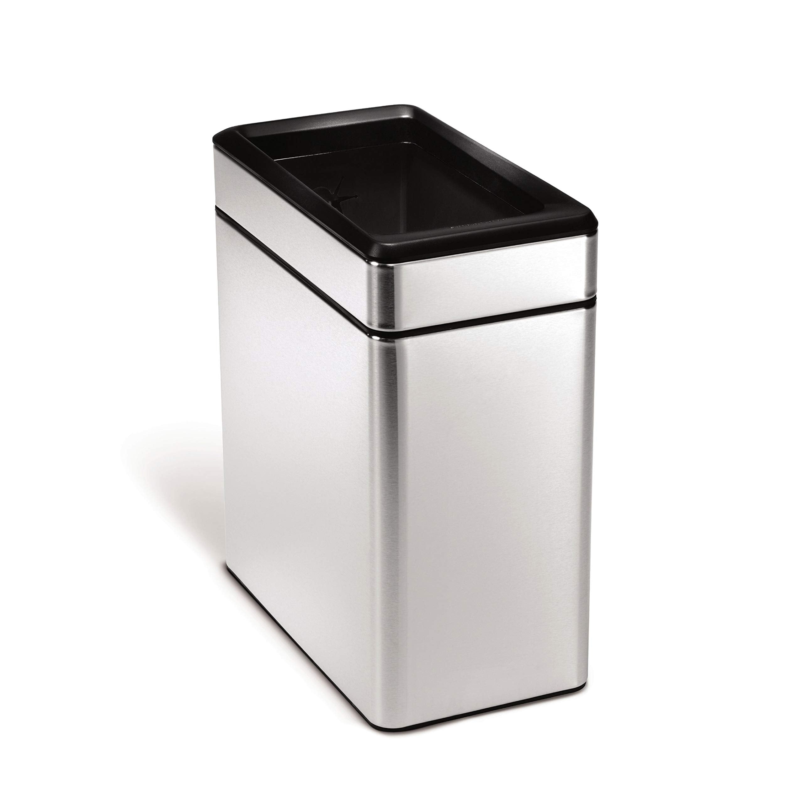 simplehuman 10L Profile open trash can in brushed stainless steel, ideal for compact spaces.