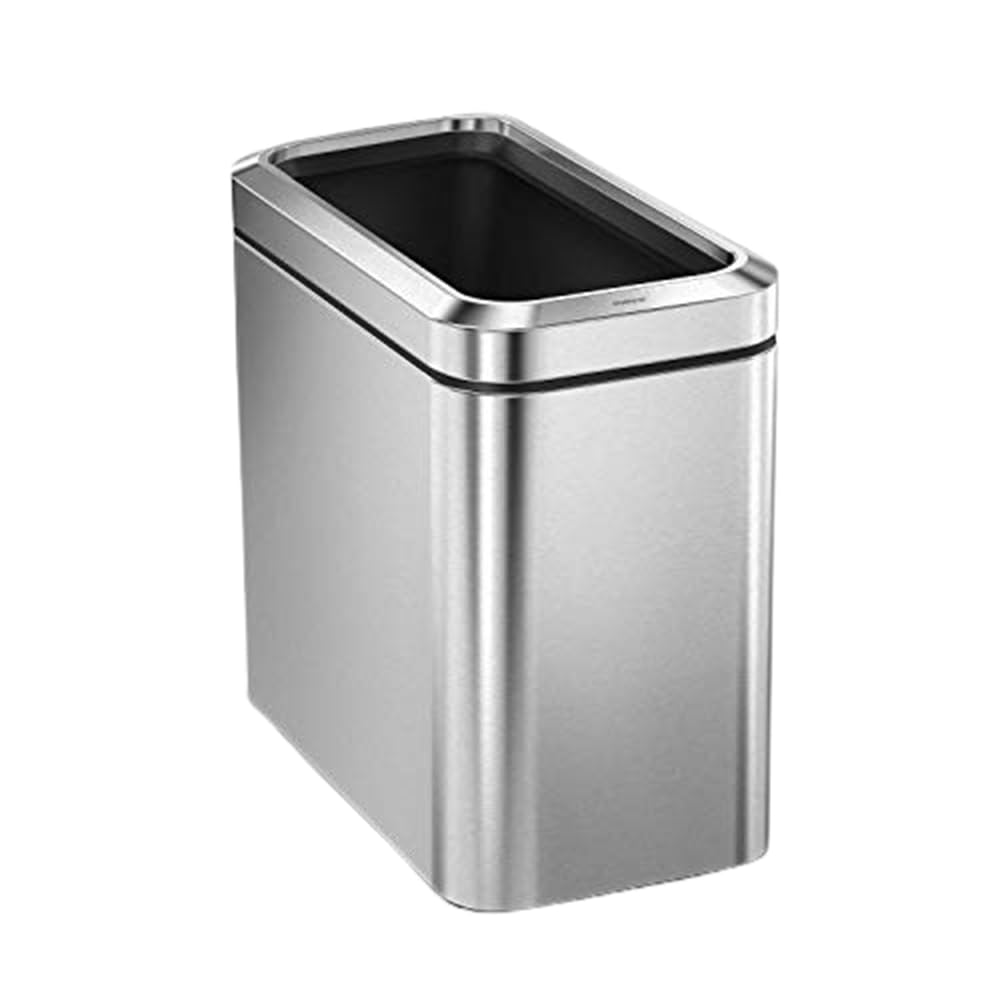 Simplehuman 25L slim open top trash can in brushed stainless steel for compact spaces.